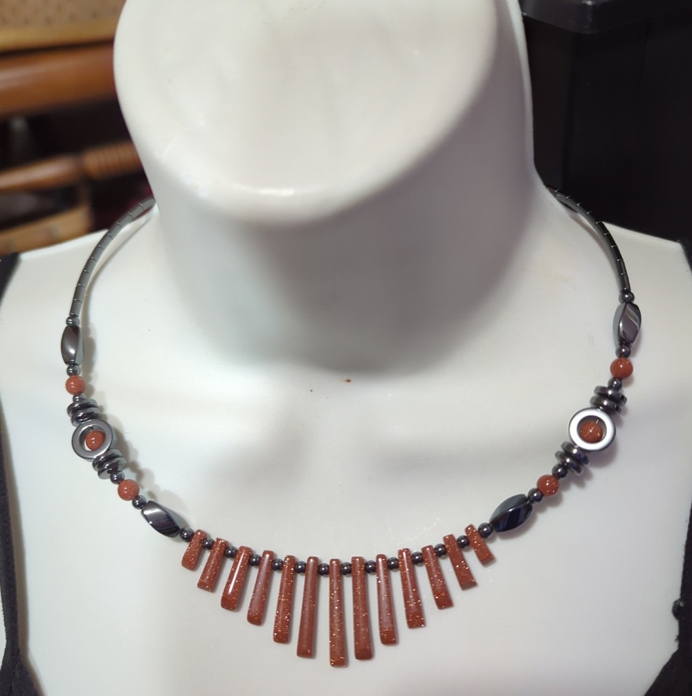 Beaded Hematite Healing Choker Necklace Boho Hippie Vtg Statement Beads Rustic